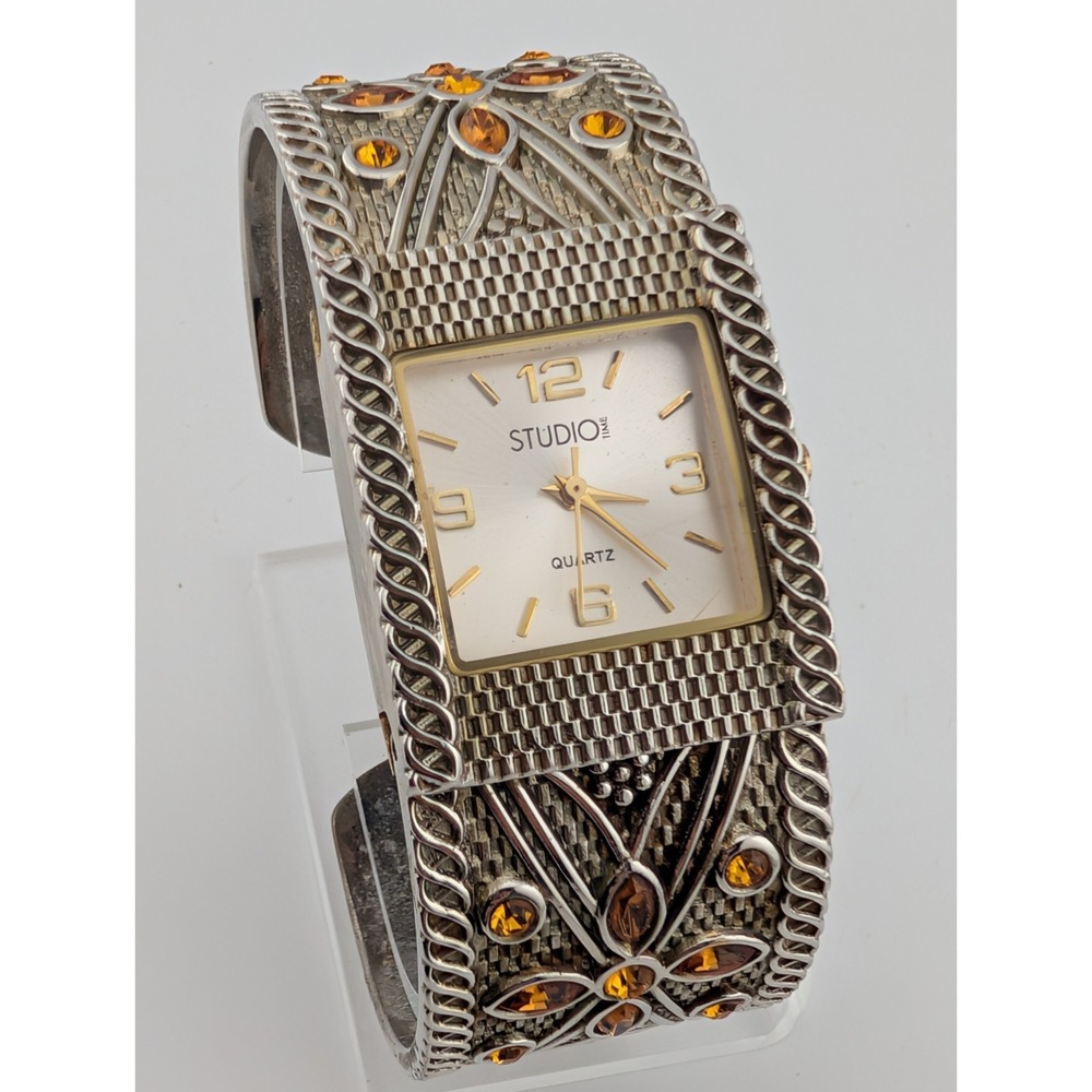 Studio Time Watch Women 28mm Case Silver Bangle Orange Gems- New Battery